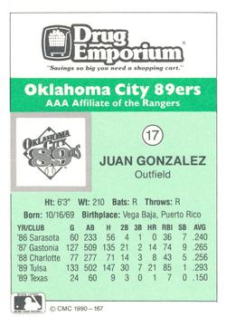 1990 CMC Oklahoma City 89ers #17 Juan Gonzalez Back