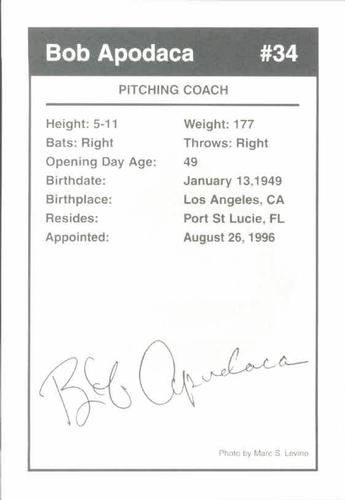 1998 Marc S. Levine New York Mets Photocards #2 Bob Apodaca Back