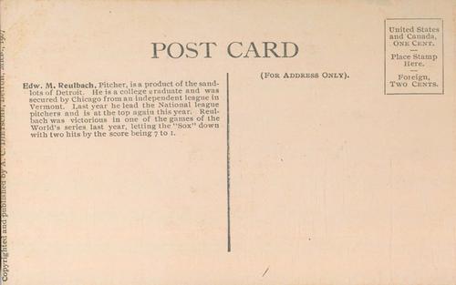 1907-09 A.C. Dietsche Postcards (PC765) #NNO Ed Reulbach Back