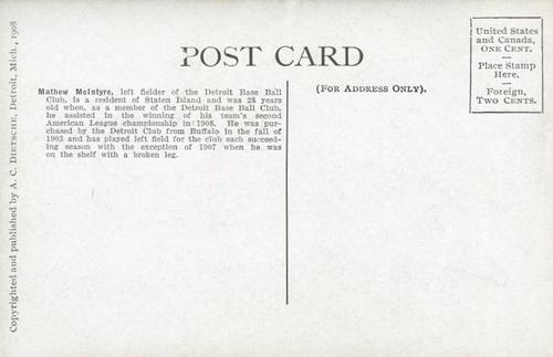1907-09 A.C. Dietsche Postcards (PC765) #NNO Matty McIntyre Back