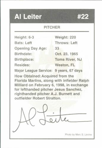 1999 New York Mets Marc S. Levine Photocards #NNO Al Leiter Back
