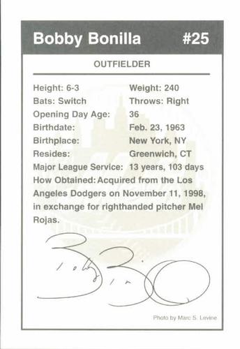 1999 New York Mets Marc S. Levine Photocards #NNO Bobby Bonilla Back