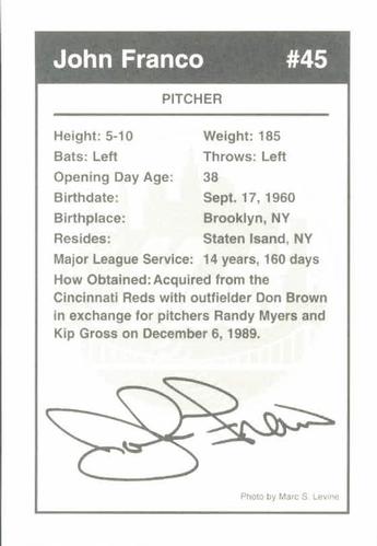 1999 New York Mets Marc S. Levine Photocards #NNO John Franco Back