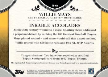 2012 Topps Tribute - Autographs #TA-WM Willie Mays Back