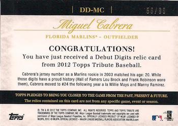 2012 Topps Tribute - Debut Digit Relics #DD-MC Miguel Cabrera Back
