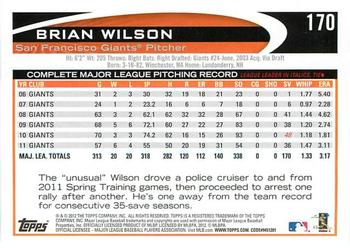 2012 Topps Opening Day #170 Brian Wilson Back