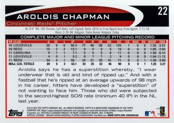 2012 Topps Opening Day #22 Aroldis Chapman Back