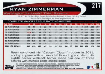 2012 Topps Opening Day #217 Ryan Zimmerman Back