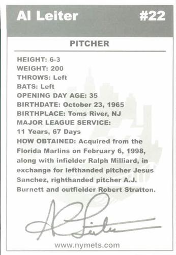 2001 New York Mets Marc S. Levine Photocards #11 Al Leiter Back