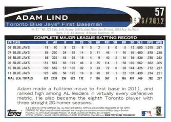 2012 Topps Opening Day - Blue #57 Adam Lind Back