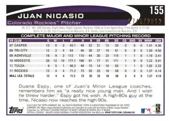 2012 Topps Opening Day - Blue #155 Juan Nicasio Back