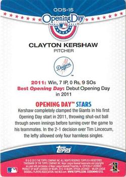 2012 Topps Opening Day - Opening Day Stars #ODS-15 Clayton Kershaw Back