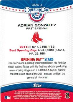 2012 Topps Opening Day - Opening Day Stars #ODS-4 Adrian Gonzalez Back