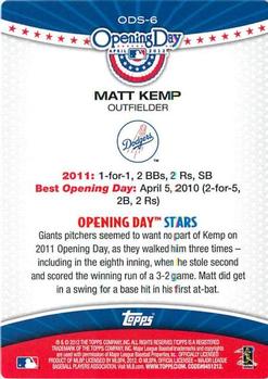 2012 Topps Opening Day - Opening Day Stars #ODS-6 Matt Kemp Back