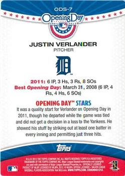 2012 Topps Opening Day - Opening Day Stars #ODS-7 Justin Verlander Back