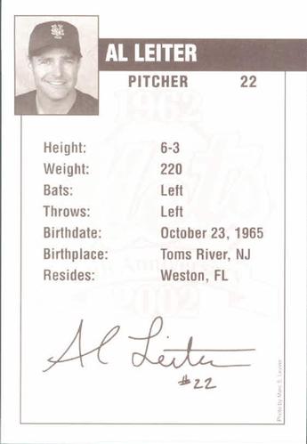 2002 New York Mets Marc S. Levine Photocards #17 Al Leiter Back