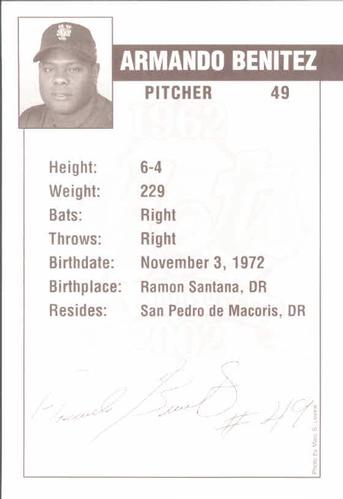 2002 New York Mets Marc S. Levine Photocards #4 Armando Benitez Back