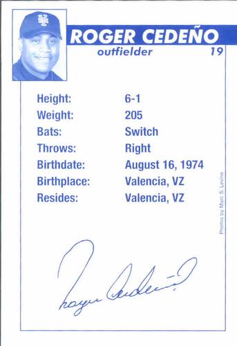 2003 New York Mets Marc S. Levine Photocards #7 Roger Cedeno Back