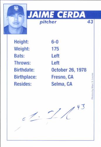 2003 New York Mets Marc S. Levine Photocards #8 Jaime Cerda Back