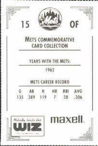 1991 The Wiz New York Mets #15 Richie Ashburn Back