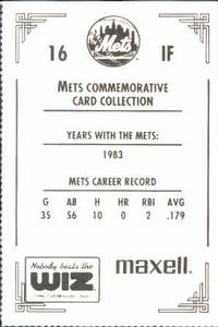 1991 The Wiz New York Mets #16 Tucker Ashford Back