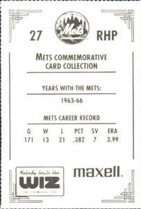 1991 The Wiz New York Mets #27 Larry Bearnarth Back