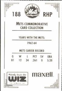 1991 The Wiz New York Mets #188 Jay Hook Back