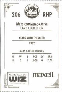 1991 The Wiz New York Mets #206 Sherman Jones Back