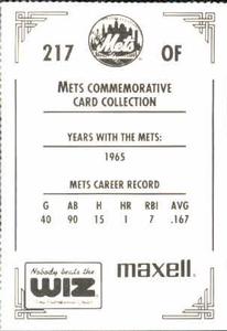 1991 The Wiz New York Mets #217 Gary Kolb Back