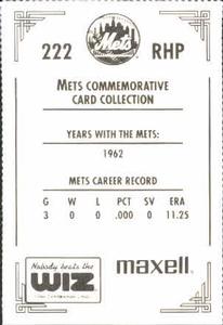1991 The Wiz New York Mets #222 Clem Labine Back