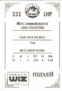 1991 The Wiz New York Mets #232 Ron Locke Back