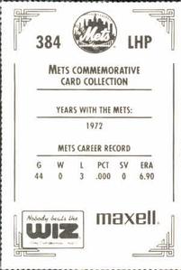 1991 The Wiz New York Mets #384 Brent Strom Back