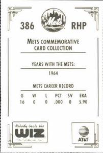 1991 The Wiz New York Mets #386 Tom Sturdivant Back