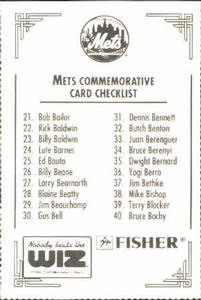 1991 The Wiz New York Mets #440 Checklist 1-40 Back