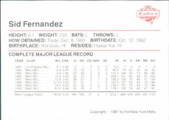 1991 Kahn's New York Mets #NNO Sid Fernandez Back