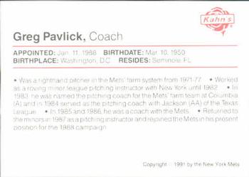 1991 Kahn's New York Mets #NNO Greg Pavlick Back