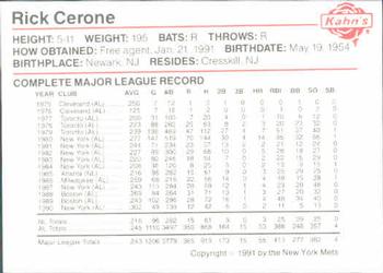 1991 Kahn's New York Mets #NNO Rick Cerone Back