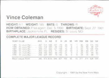1991 Kahn's New York Mets #NNO Vince Coleman Back