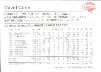 1991 Kahn's New York Mets #NNO David Cone Back