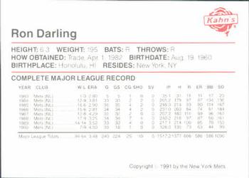 1991 Kahn's New York Mets #NNO Ron Darling Back