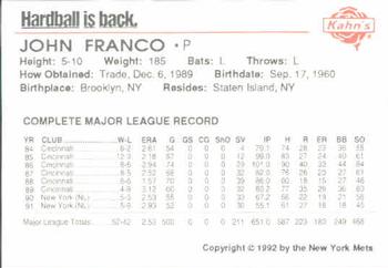 1992 Kahn's New York Mets #NNO John Franco Back