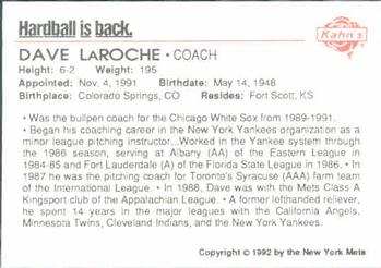 1992 Kahn's New York Mets #NNO Dave LaRoche Back