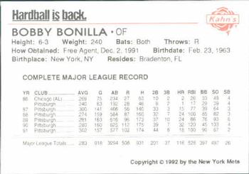 1992 Kahn's New York Mets #NNO Bobby Bonilla Back