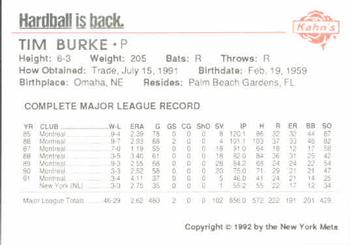 1992 Kahn's New York Mets #NNO Tim Burke Back
