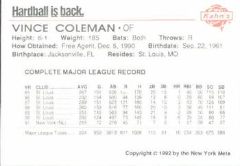 1992 Kahn's New York Mets #NNO Vince Coleman Back