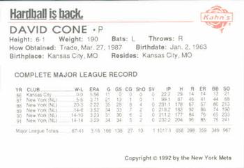 1992 Kahn's New York Mets #NNO David Cone Back