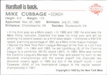 1992 Kahn's New York Mets #NNO Mike Cubbage Back