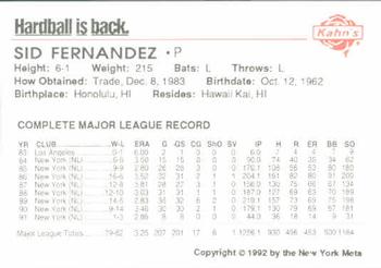 1992 Kahn's New York Mets #NNO Sid Fernandez Back