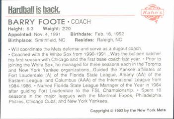 1992 Kahn's New York Mets #NNO Barry Foote Back