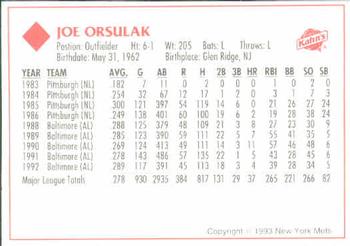 1993 Kahn's New York Mets #NNO Joe Orsulak Back